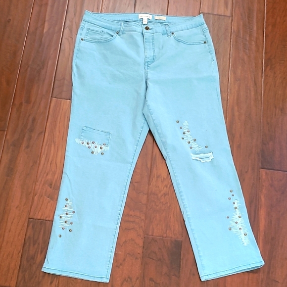 LOGO by Lori Goldstein Light Teal Blue Distressed Straight Leg Jeans size 16 - Picture 2 of 11